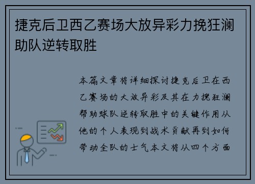 捷克后卫西乙赛场大放异彩力挽狂澜助队逆转取胜