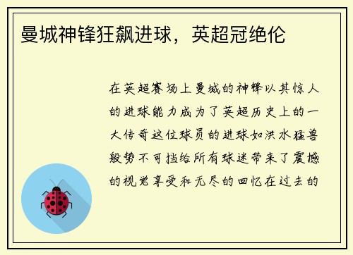 曼城神锋狂飙进球，英超冠绝伦