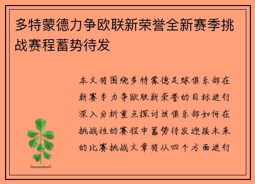 多特蒙德力争欧联新荣誉全新赛季挑战赛程蓄势待发