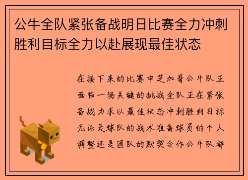 公牛全队紧张备战明日比赛全力冲刺胜利目标全力以赴展现最佳状态
