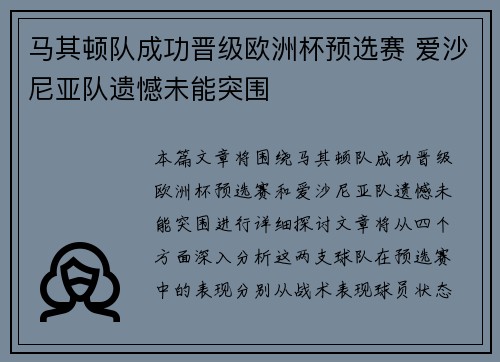 马其顿队成功晋级欧洲杯预选赛 爱沙尼亚队遗憾未能突围